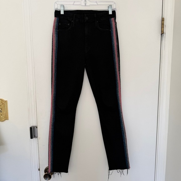 MOTHER Denim - MOTHER Black High Rise Jeans Metallic Stripe Raw Hem Womens Size 27